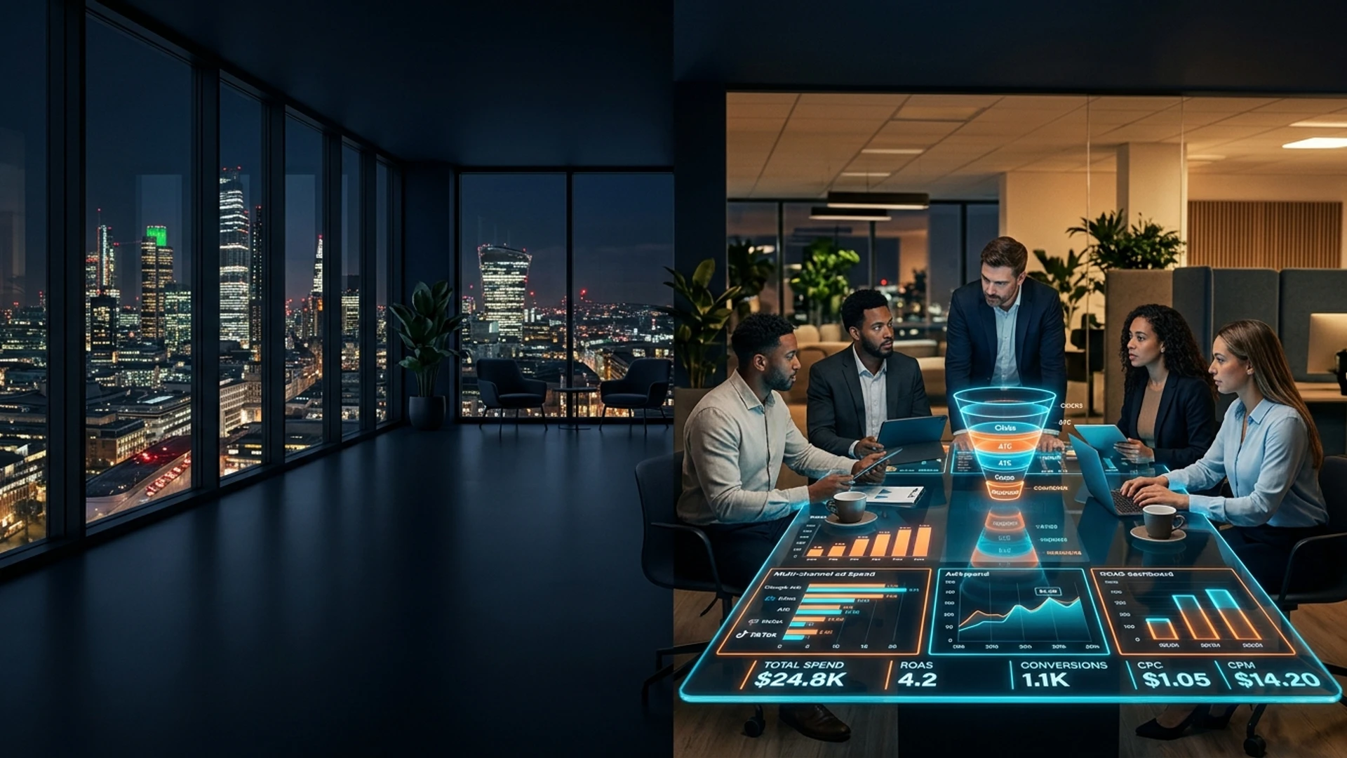 Engenheiros sênior de IA e estrategistas de crescimento colaborando em sala executiva de vidro com vista panorâmica da cidade