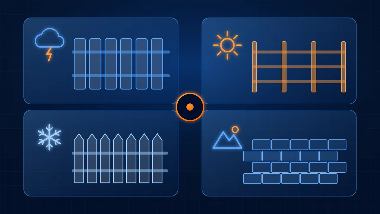 Four illustrated panels showing how fence needs change by region: storms and vinyl fencing, sun and ranch rail fencing, snow and picket fencing, and block walls in the West