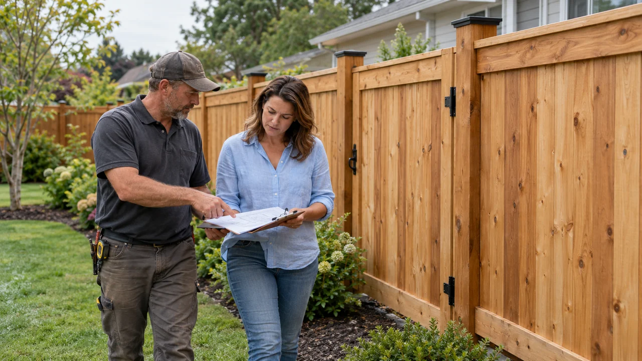 Contractor and homeowner discussing an estimate beside a wooden fence
