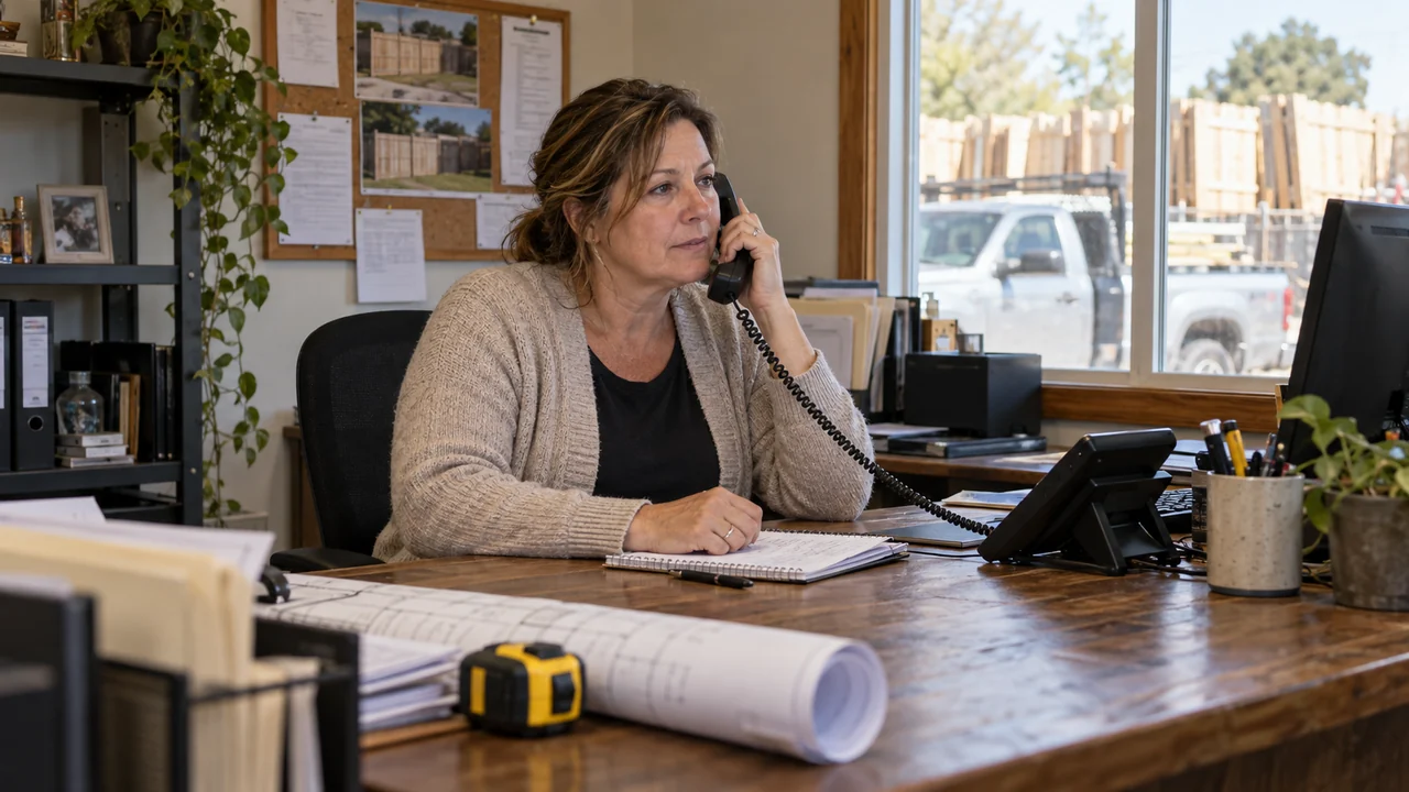 Office coordinator handling a phone inquiry for a fence company