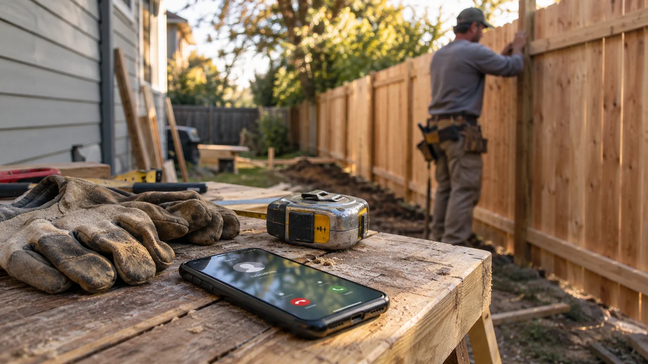Phone on a workbench while a contractor works in the background