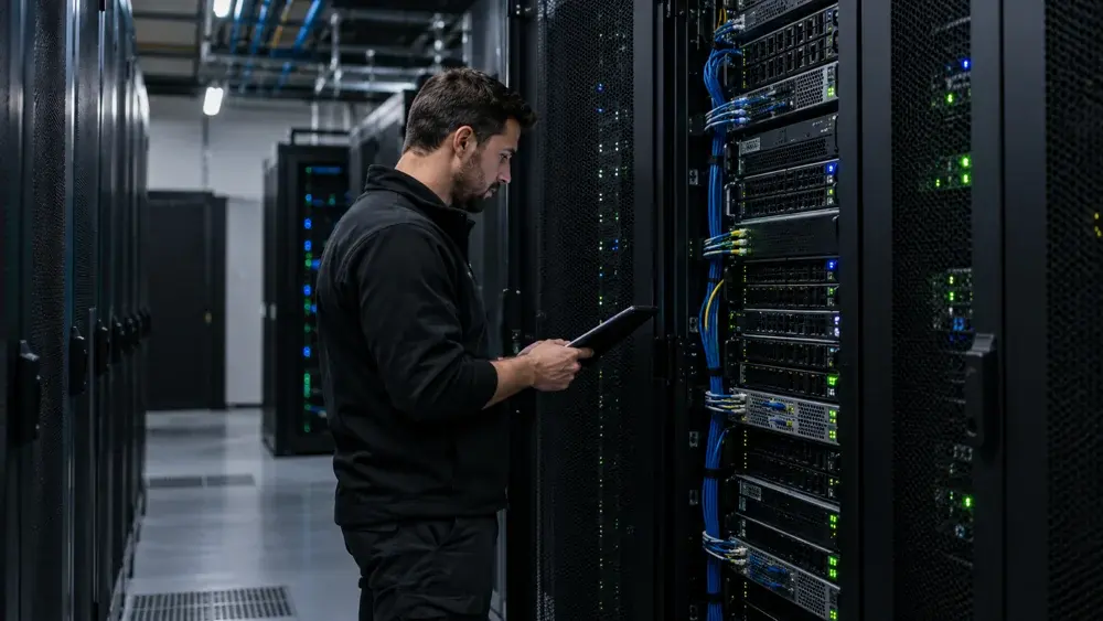 IT technician inspecting servers in a modern data center
