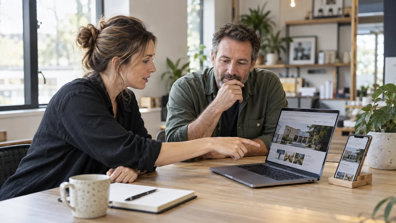 Diseñadora y empresario revisando un sitio web en un portátil y un teléfono