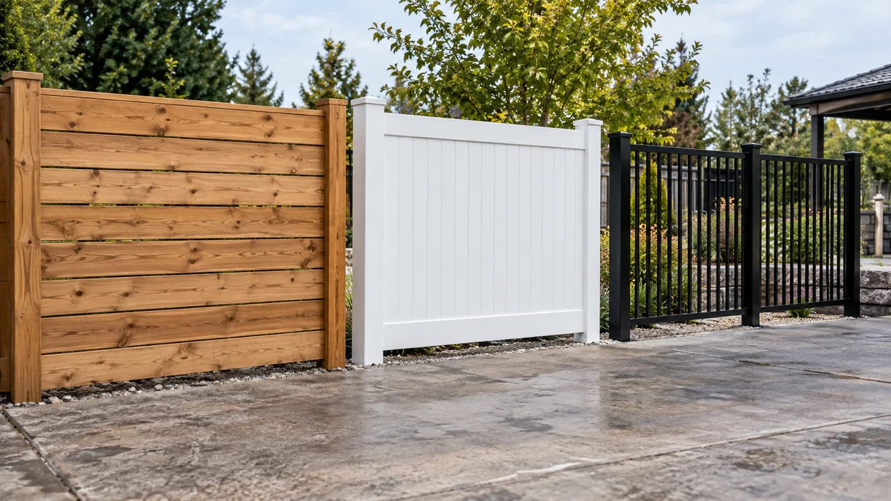 Wood, vinyl and aluminum fence samples displayed at a fencing supplier