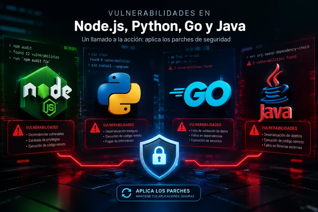 Illustration of Node.js, Python, Go and Java with vulnerability alerts and a security shield