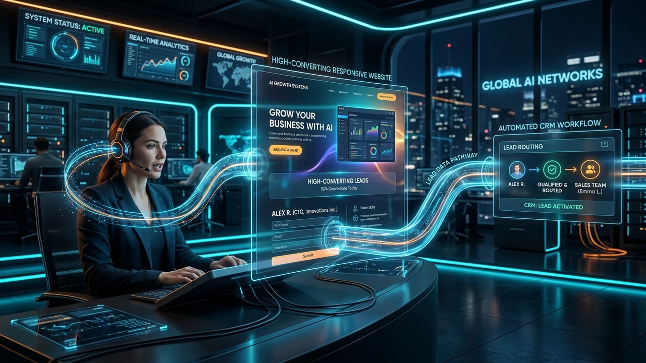 Arquitectura conectada de IA uniendo teléfono, web y CRM en tiempo real
