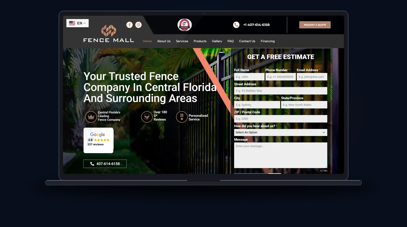 Fence Mall Florida - E-commerce y Suministro a Contratistas Website Mockup
