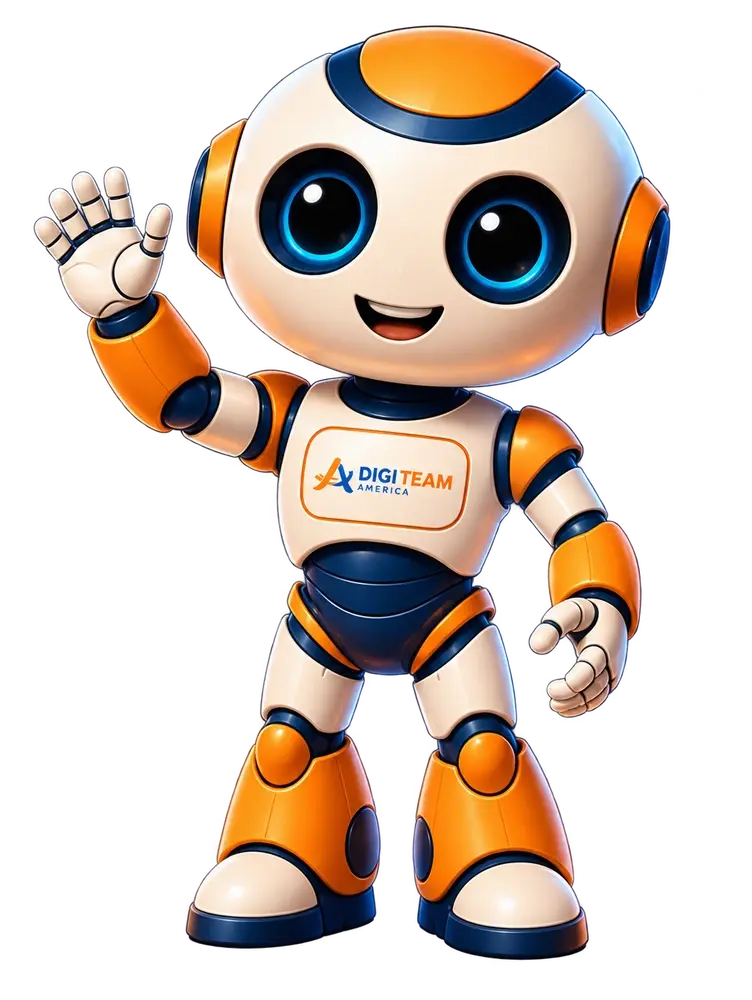 Angel, Digi Team's white, orange and blue AI robot, waving hello