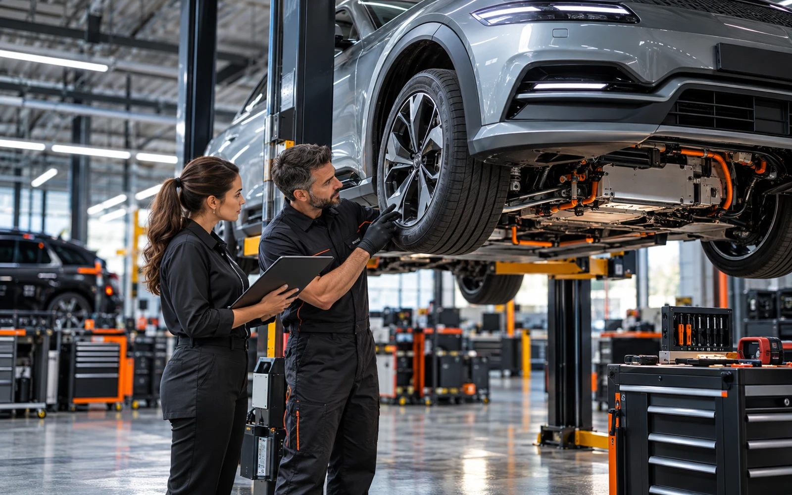 Equipo automotriz coordinando trabajos de reparación