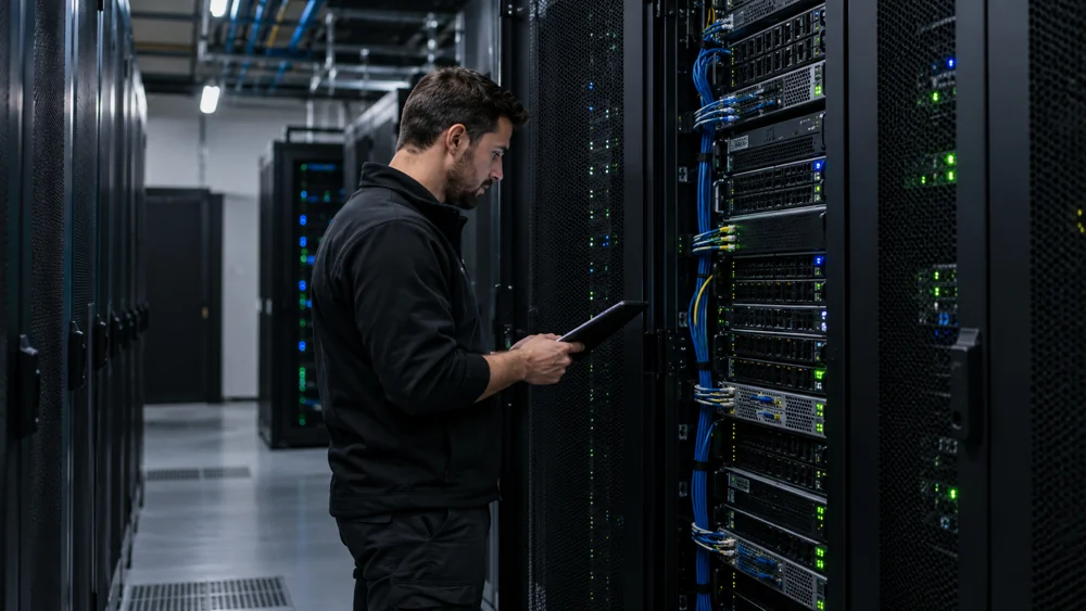 IT technician inspecting servers in a modern data center