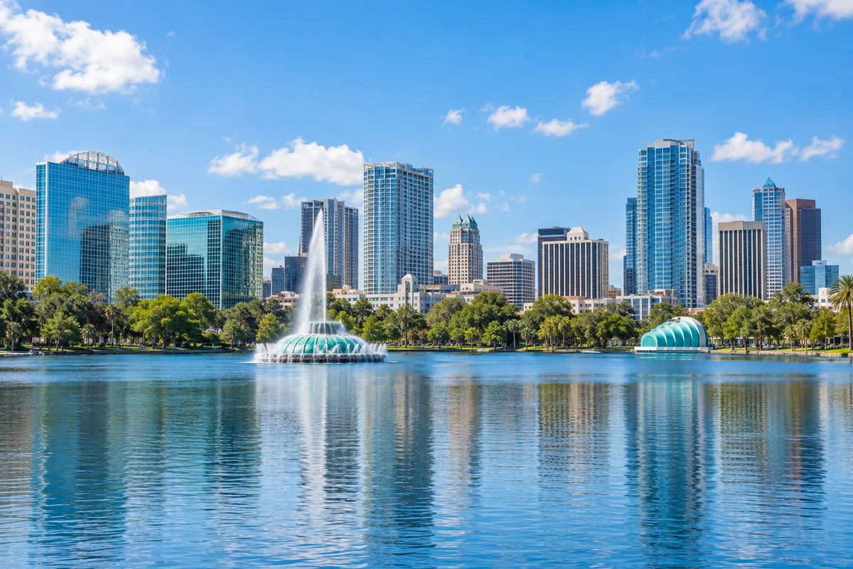 AI-generated daytime view of Orlando, Florida skyline and Lake Eola