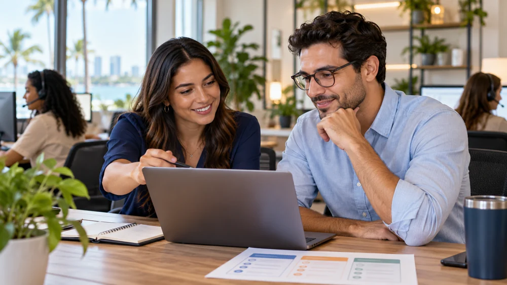 Two coworkers reviewing a customer request together in a multilingual support office
